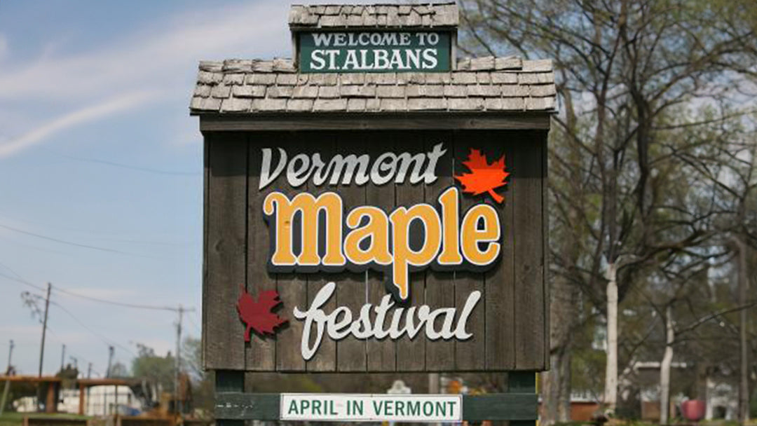 St Albans Vermont Maple Festival sign welcoming fair goers to the city.