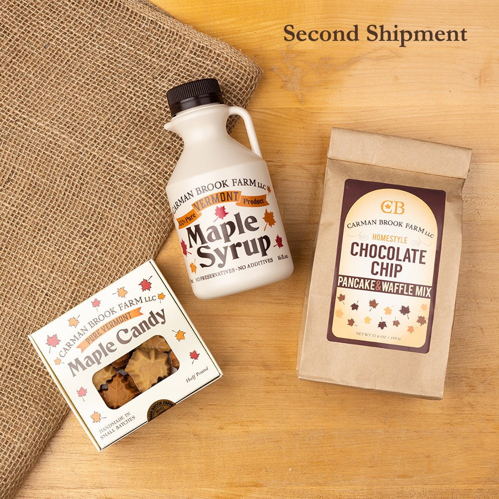 The second shipment has a box of delicious maple candy in two flavors, a chocolate chip pancake mix and pint of amber rich taste maple syrup.