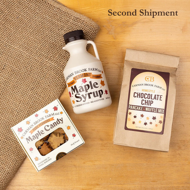 The second shipment has a box of delicious maple candy in two flavors, a chocolate chip pancake mix and pint of amber rich taste maple syrup.