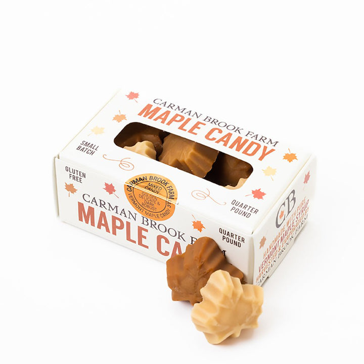 A mixed quarter-pound box of Thankasgiving shaped maple candy.