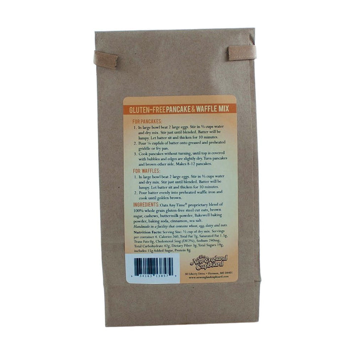 Back panel of gluten free pancake and waffle mix. How to make gluten free pancake and waffles. Gluten free nutrition facts and ingredients.