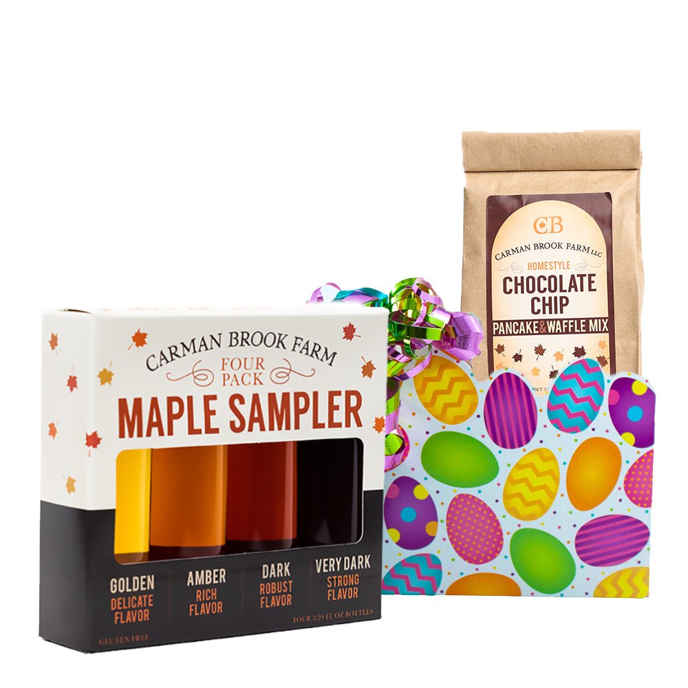 Maple Syrup and pancake mix in a Happy Easter Gift Box of eggs.