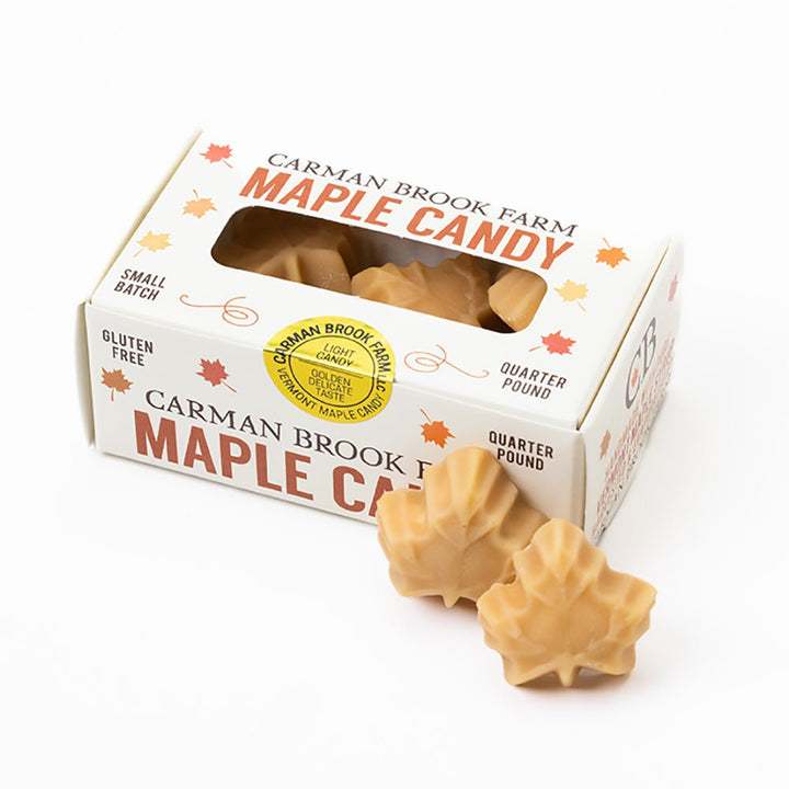 Quarter-pound box of light maple sugar candy in Thanksgiving shapes.