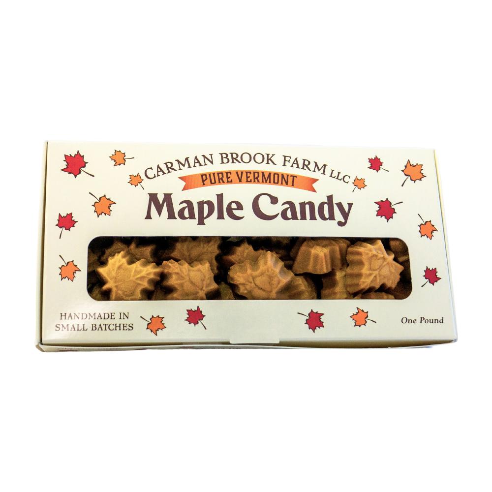 Maple candy leaves made in a dark robust flavor in a one pound container.