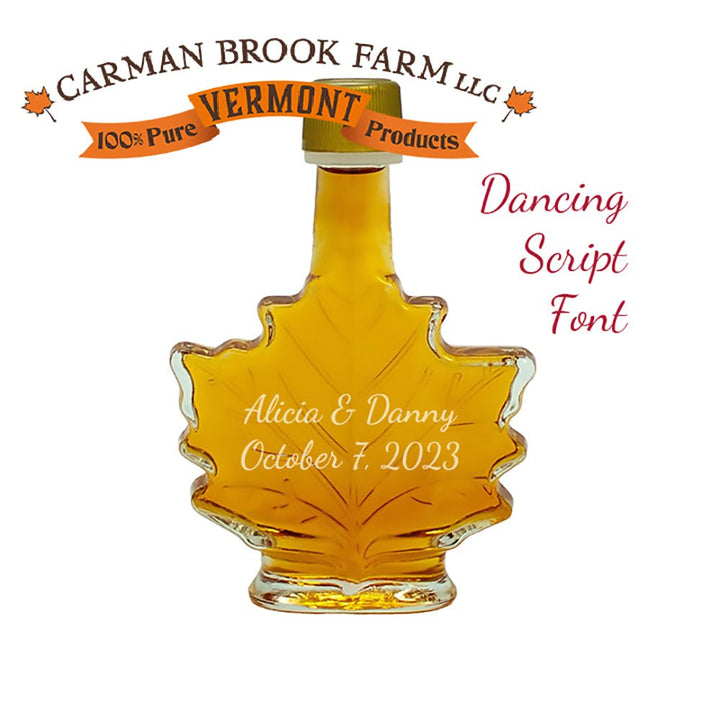 Dancing Script Font on wedding favor bottle to personalize the wedding couples special day.