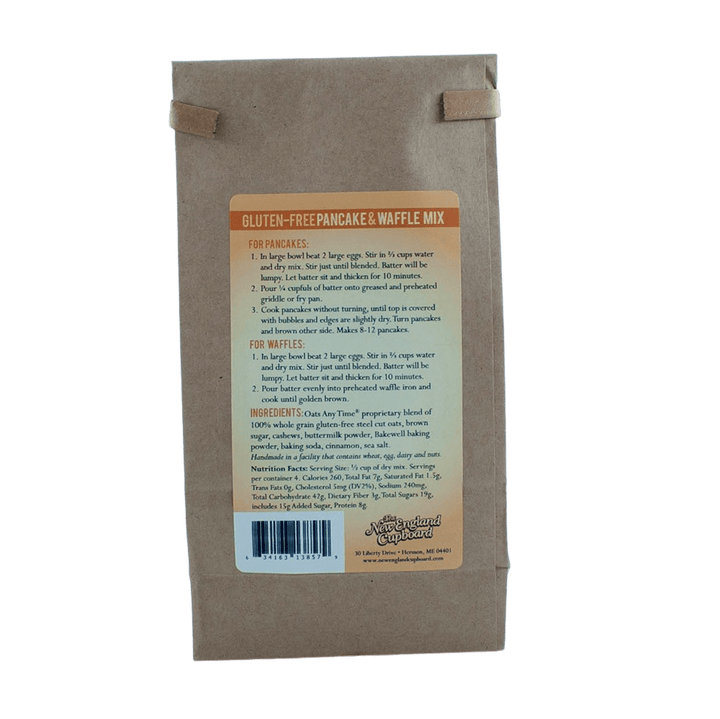 Gluten free pancake and waffle mix back label with directions, nutrition facts, and ingredients.