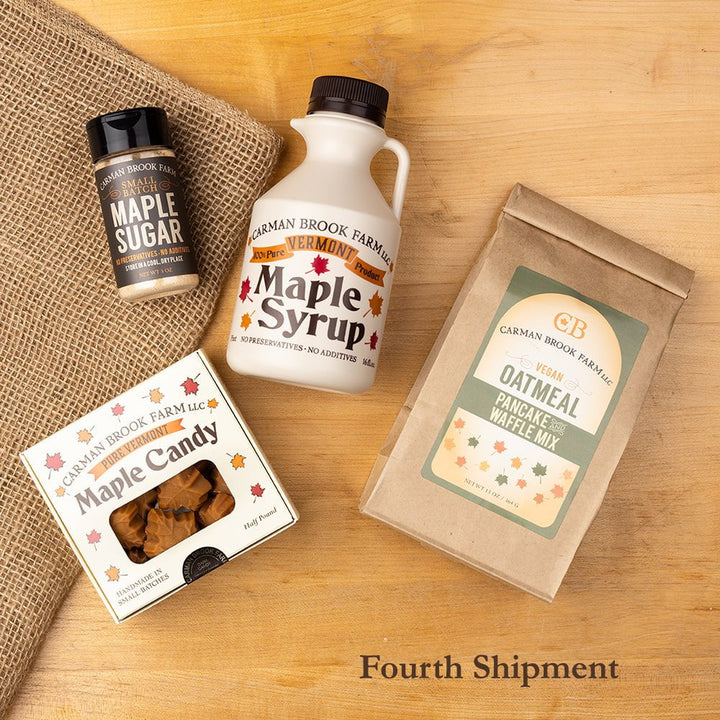 Finish this monthly club with a very dark strong taste maple syrup jug, dark maple candy and maple sugar. Enjoy them with the vegan waffle mix.