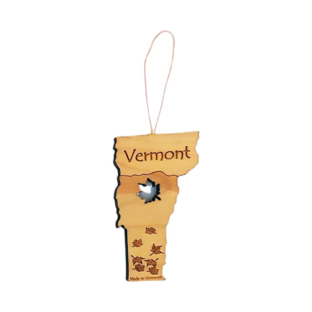 Vermont wooden fall ornament with maple leaf cutout.